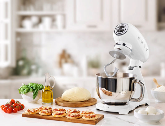 Smeg 50's Style Stand Mixer White SMF03WHAU, 800W, 10 Speeds, 4.8L Bowl, Quiet Operation