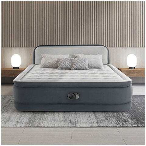 Intex Queen Ultra Plush Headboard Airbed with Internal Pump, Grey, 46 cm Raised - Auzzistore