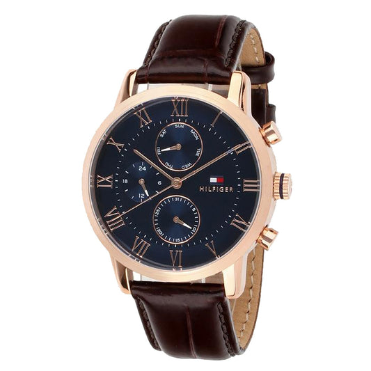 Tommy Hilfiger Men's Watch 44mm Blue Dial Leather Strap Rose Gold Plated