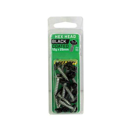 Otter Black Hex Head Screws 12 x 25mm - 16 Pack - Self-Drilling - Corrosion Resistant - Auzzistore