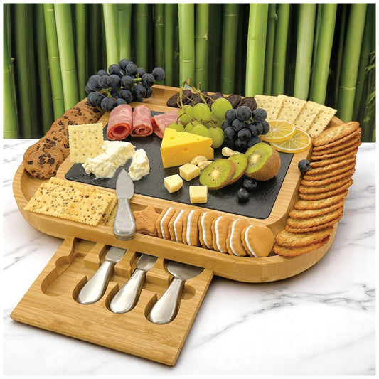 Carrara Bamboo Cheese Board 330x430mm with 4 Stainless Steel Knives & Slate Top