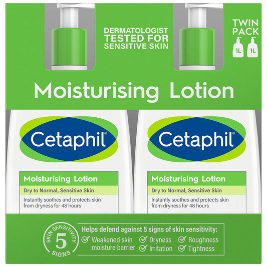 Cetaphil Moisturising Lotion 2 x 1L - Soothes Dry & Sensitive Skin, Non-Greasy