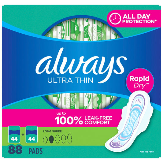 Always Ultra Thin Advanced Protection Long Pads 88 Pack - LeakGUARD, RapidDRY, OdorLOCK