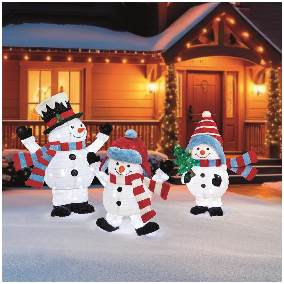 Lighted 3 Piece Pop-Up Snowman Family with LED Lights, Metal Stakes, 12 kg