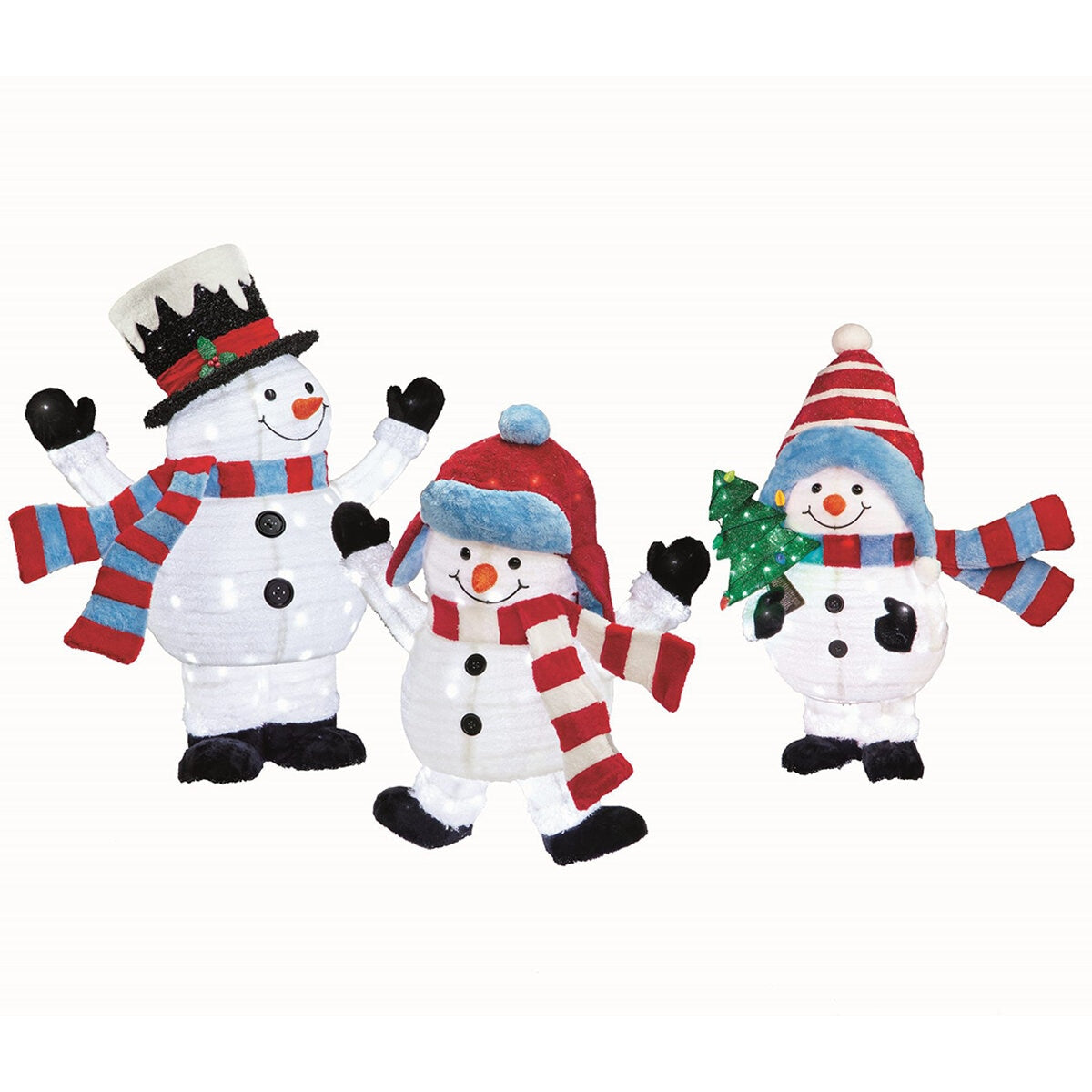 Lighted 3 Piece Pop-Up Snowman Family with LED Lights, Metal Stakes, 12 kg