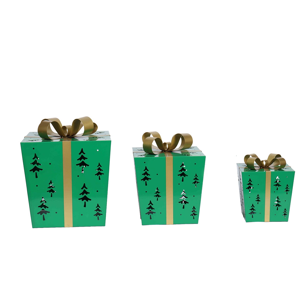 Metal Gift Box Set 3 Piece Green with LED Lights, Tree Pattern, Indoor Use