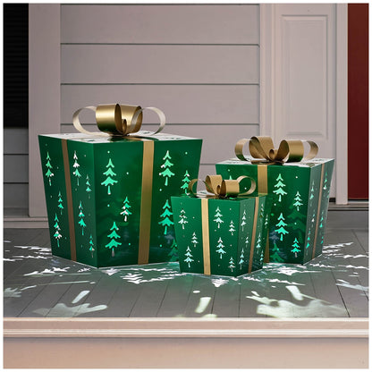 Metal Gift Box Set 3 Piece Green with LED Lights, Tree Pattern, Indoor Use