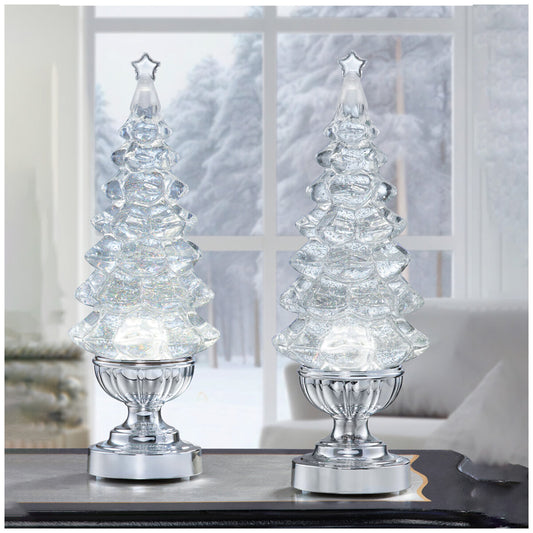 Lighted Glitter Trees Set 2 Piece White - Battery Operated, LED Lights, Timer