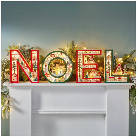 NOEL Wooden Letters Set of 4 with Light Up Festive Scene, 1050x1230x1275mm