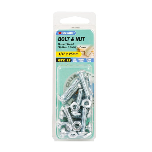 Zenith Round Head Bolt & Nut - 1/4 x 25mm - 12 Pack - Zinc Plated - Auzzistore