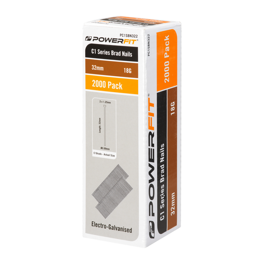 Powerfit 32mm C1 Series Electro Galvanised Brad Nails - 2000 Pack - 18 Gauge - Corrosion Resistant - Auzzistore