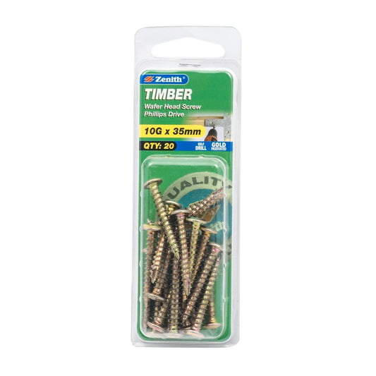 Zenith Timber Screws - 10g x 35mm - 20 Pack - Gold Passivated - Wafer Head - Auzzistore