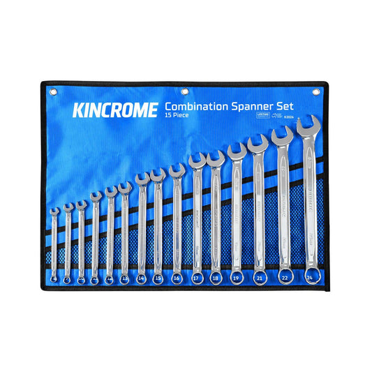 Kincrome 15 Piece Metric Combination Spanner Set - Chrome Vanadium Steel - 650mm x 330mm x 20mm - Durable & High Leverage