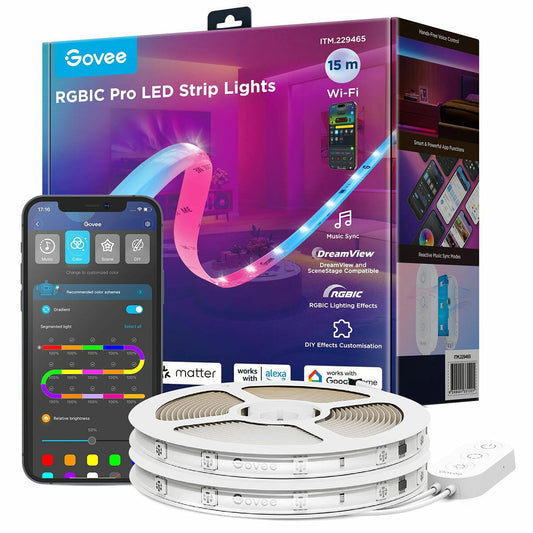 Govee RGBIC Pro LED Strip Lights 15M - Wi-Fi, Voice Control, Music Sync, 16M Colors