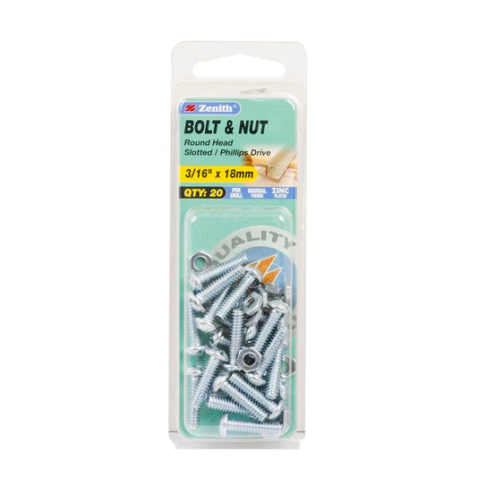 Zenith Round Head Bolt and Nut 3/16 x 18mm Zinc Plated 20 Pack - Auzzistore