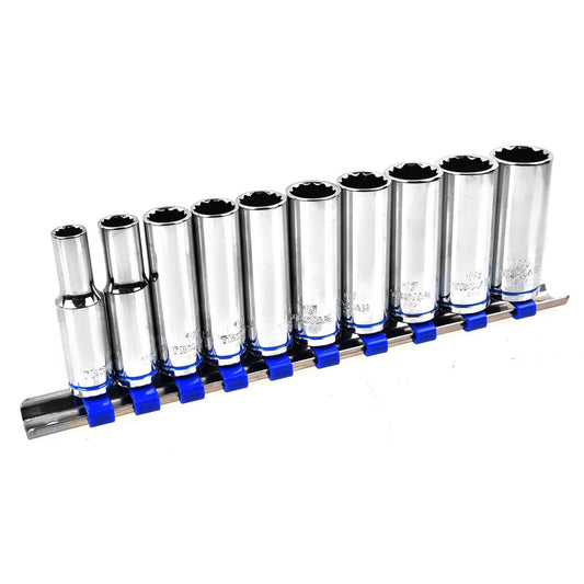 Trojan 10 Piece Deep Socket Set - 3/8" Drive - Chrome Vanadium - 8mm to 19mm - Auzzistore