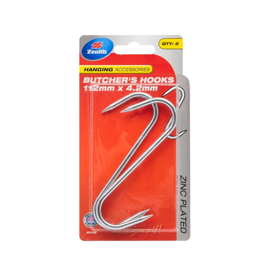 Zenith Small Butcher S Hook 112 x 4 2mm Steel Zinc Plated 2 Pack