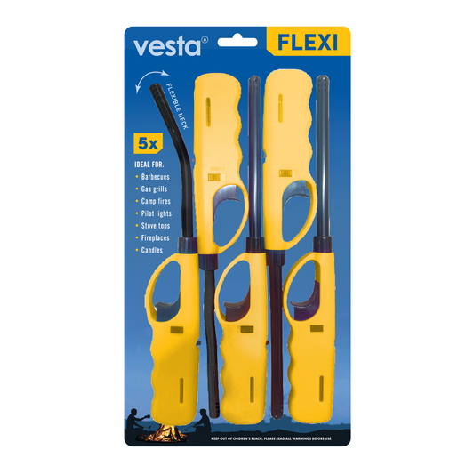 Vesta Flexi Gas Lighter 5 Pack - Flexible Wand Tip - Refillable - 170mm x 305mm