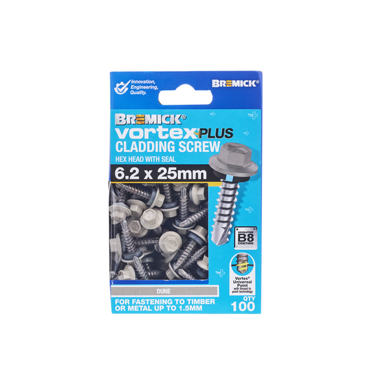 Bremick Vortex Plus Cladding Screw 6.2 x 25mm Hex B8 Dune Box 100 - Watertight Seal - Full Threaded – view 2 - Auzzistore