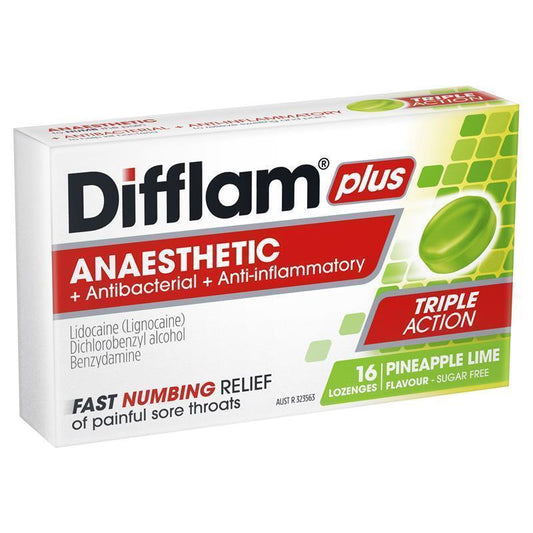 Difflam Plus Anaesthetic Sugar Free Pineapple & Lime Lozenges - 16 Count - Auzzi Store