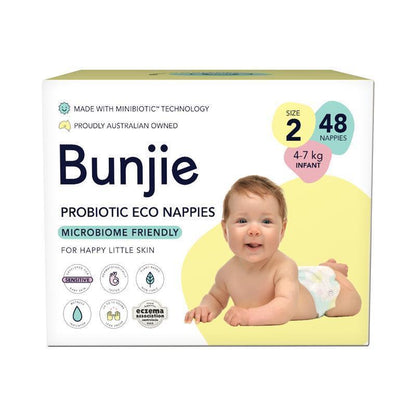 Bunjie Probiotic Eco Nappies Size 2, 4-7 kg, 48 Pack - Gentle on Skin