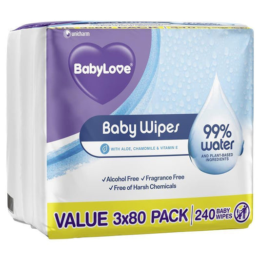 BabyLove Water Wipes (80 X 3) - 240 Pack for Delicate Skin