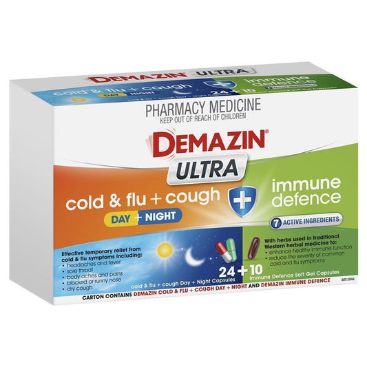 Demazin Ultra Cough Cold & Flu + Immune Defence - 34 Capsules