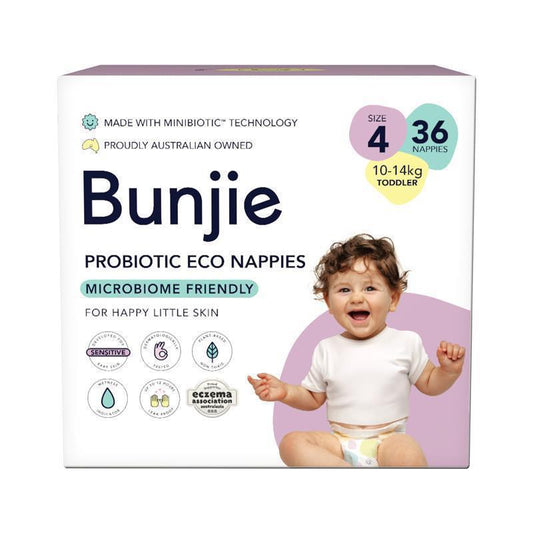 Bunjie Probiotic Eco Nappies Size 4, 10-14kg, 36 Pack - Eco-Conscious Care