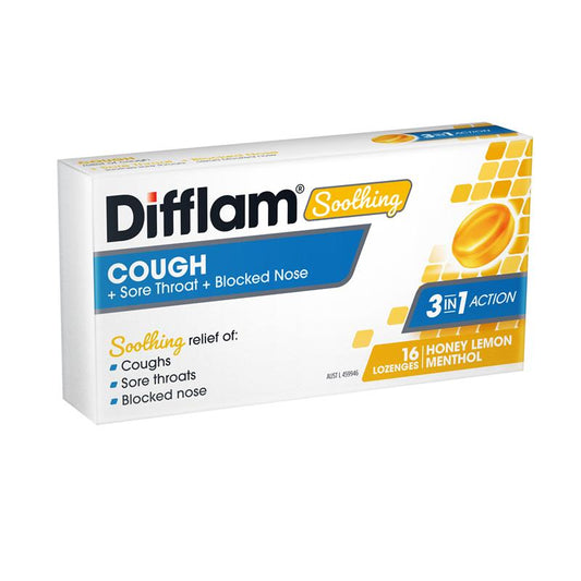 Difflam Soothing Cough + Sore Throat + Blocked Nose Honey Lemon 16 Lozenges - 3-in-1 Relief
