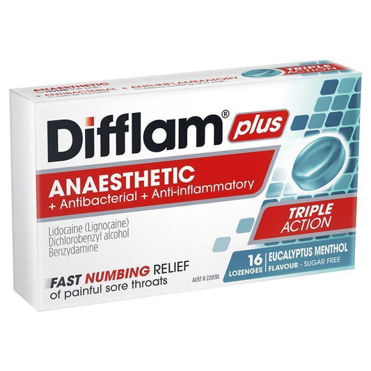 Difflam Plus Anaesthetic Sugar Free Eucalyptus Menthol Lozenges - 16 Count-Auzzi Store