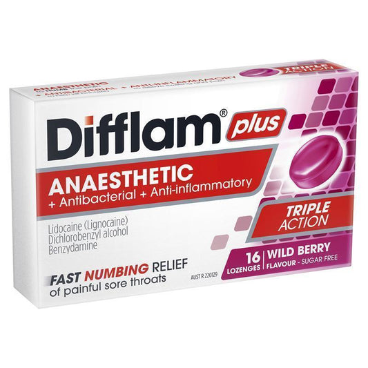 Difflam Plus Anaesthetic Sugar Free Wild Berry Lozenges - 16 Count-Auzzi Store
