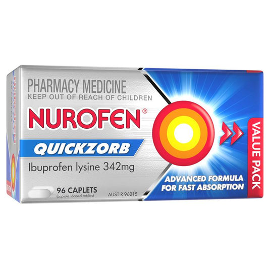 Nurofen Quickzorb Pain Relief Caplets 96 Pack - Fast-Acting Ibuprofen Lysine 342mg - Auzzi Store