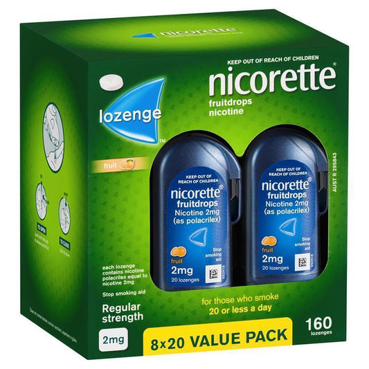 Nicorette Quit Smoking Regular Strength Nicotine Lozenge Fruitdrops - 8 x 20 Pack - Auzzi Store