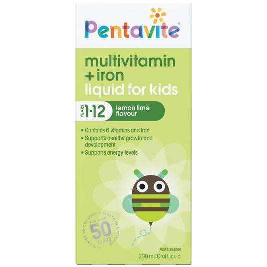 Pentavite Multivitamin + Iron Kids Liquid Lemon Lime 200ml - Essential Nutrients for Growing Kids