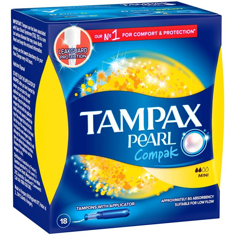 Tampax Pearl Compak Light Flow Tampons, 18 Mini Pack with Leakguard