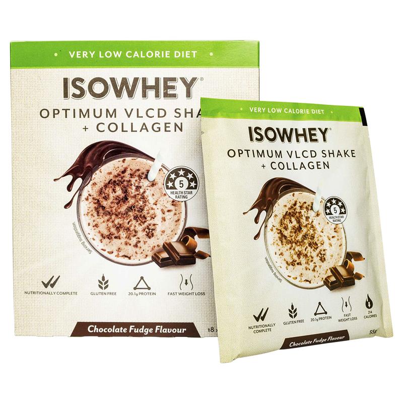 IsoWhey Optimum VLCD Shake + Collagen Chocolate Fudge 18 x 55g - Effective Weight Loss Solution