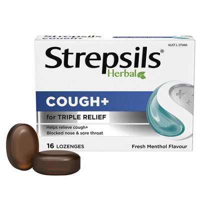 Strepsils Herbal Cough Lozenges Fresh Menthol 16 Pack - Triple Relief Formula