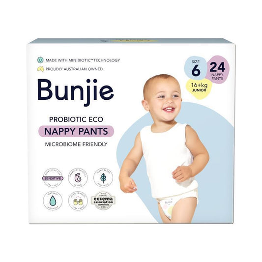 Bunjie Probiotic Eco Nappy Pants Size 6, 16+kg, 24 Pack - Ultimate Comfort for Growing Kids