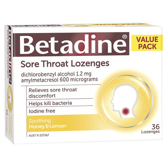 Betadine Sore Throat Lozenges - Soothing Honey & Lemon Flavour 36 Pack-Auzzi Store
