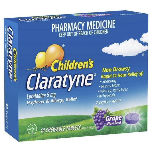 Children's Claratyne Allergy & Hayfever Relief Antihistamine for Kids - Grape Flavoured Chewable Tablets (10 Pack)-Auzzi Store