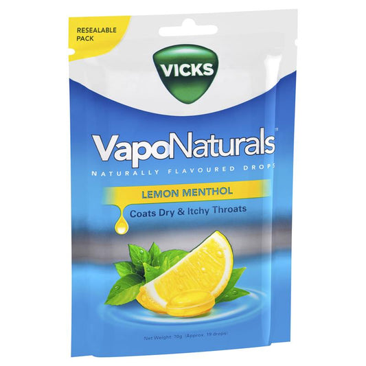 Vicks VapoNaturals Lemon Menthol Throat Lozenges - 70g (Approx. 19 Drops)-Auzzi Store