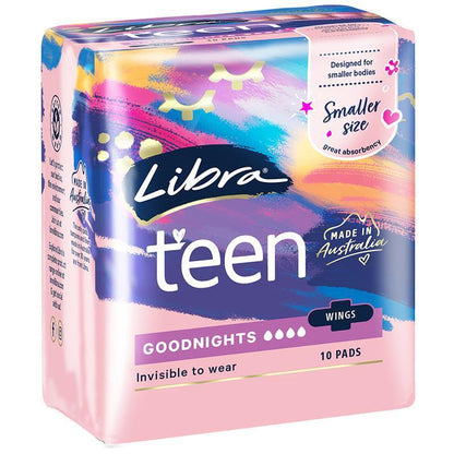 Libra Teen Goodnight Pads with Wings, 10-Pads, 4-Layer Absorbency