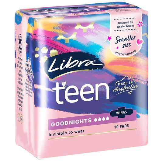 Libra Teen Goodnight Pads with Wings, 10-Pads, 4-Layer Absorbency