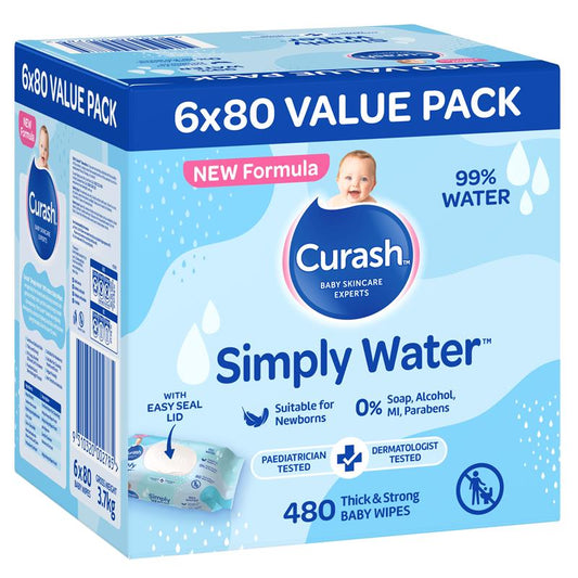 Curash Simply Water Wipes - 6 x 80 Pack for Gentle Baby Care - Auzzistore