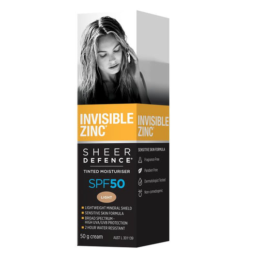 Invisible Zinc SPF 50+ Sheer Defence Tinted Moisturiser Light 50g - Flawless Protection for Everyday Use - Auzzi Store