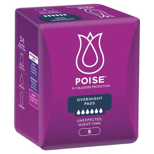 Poise Overnight Incontinence Pads - 8 Pads, 3-in-1 Protection