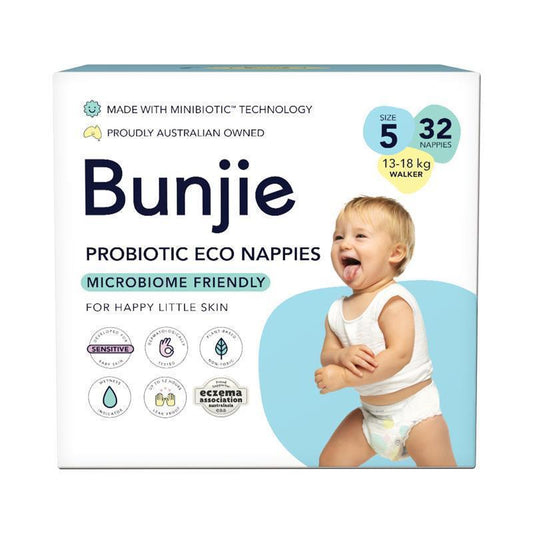Bunjie Probiotic Eco Nappies Size 5, 13-18kg, 32 Pack - Gentle & Eco-Friendly