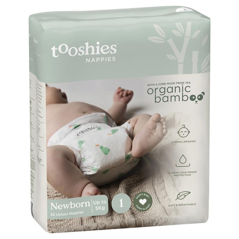 Tooshies Eco Nappies with Organic Bamboo Size 1 Newborn 3-5kg, 52 Pack - Soft & Hypoallergenic