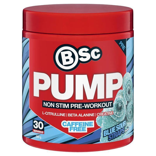 BSc Pump Non Stim Pre-Workout Blue Sour Straps 300g - Caffeine-Free Muscle Pump Formula