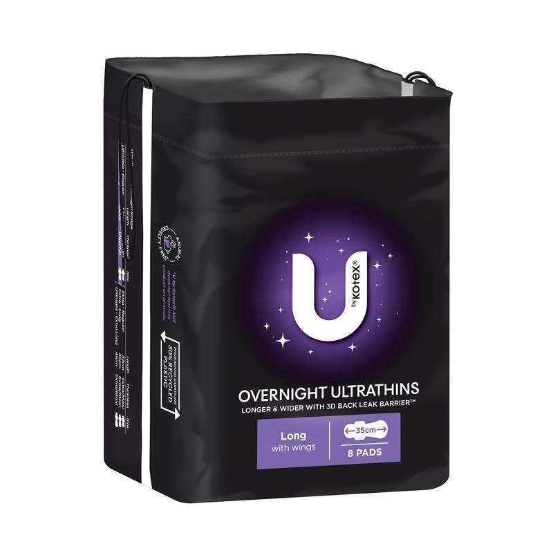 U by Kotex Overnight Ultrathin Pads, 35cm Long, 8-Pads with Secure Wings